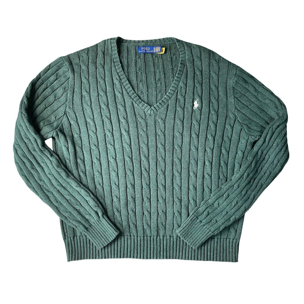 Polo Ralph Lauren Women's V-Neck Cable Knit Sweater XL Green Cotton Pony Logo